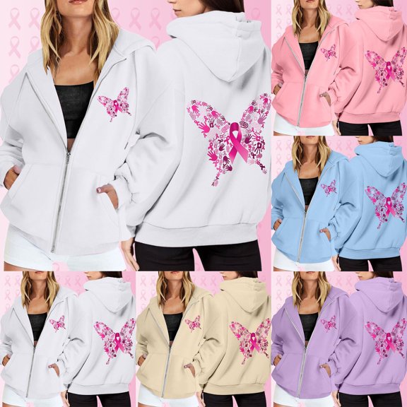 Hoodie Women Casual Butterfly Print Warm Cozy Knit Zip Hooded Sweatshirt Equipped with Drawstring Storage Pockets Women Sweatshirt