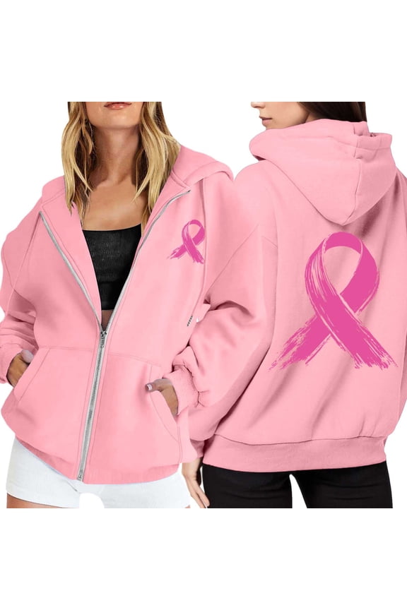 Hoodie Women Cropped Zip Up Hoodie Y2K Style for Teen Girls Women's Zip Up Hoodie Pullover Cancer Awareness Month Long Sleeve Pocket Drawstring Casual Sweatshirt For Everyday Wear