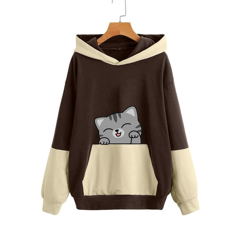 Hoodie Women Cute Cat Printed Hoodies Fall Sweaters for Women Teens Pullover Hooded Loose Plus Size Color Block Sweatshirts Cute