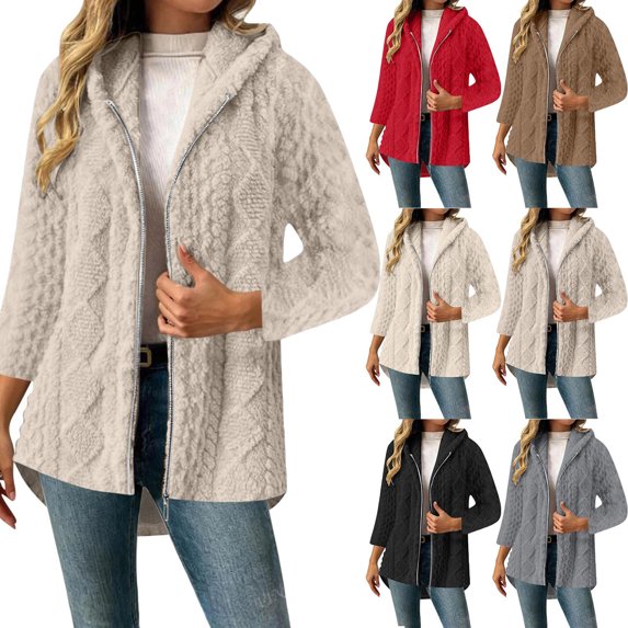 Hoodie Women Dqueduo Women's Double-Sided Fleece Zip-Up Hooded Coat – Cardigan-Style Mid-Length Outerwear with Pockets Khaki XL