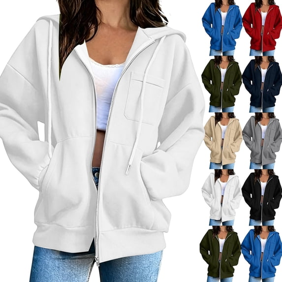 Hoodie Women Dqueduo Women's Solid Color Full-Zip Hooded Long-Sleeve Sweatshirt Cardigan with Pockets White S