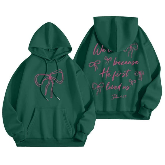 Hoodie Women Fall Vintage Bow Print Hoodies Oversize Long Sleeve Graphic Sweatshirts Trendy Preppy Tops Drop Shoulder Design Streetwear Sweatshirt for Women Dark Green S