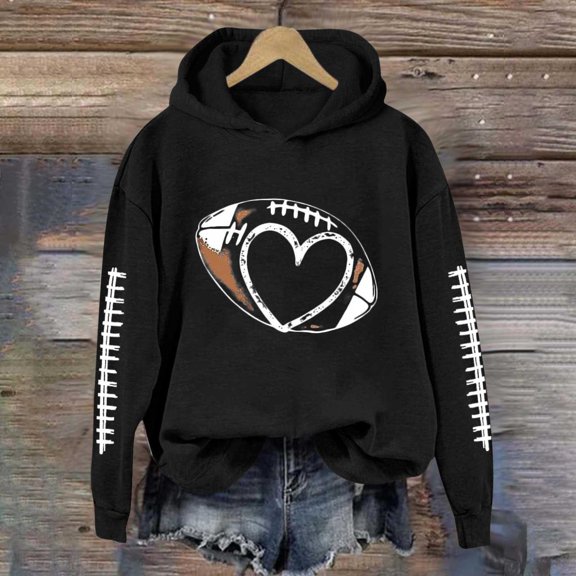 Hoodie Women Football Theme Hooded Pullover Durable Washable Everyday Wear Women's Sweatshirt Black L