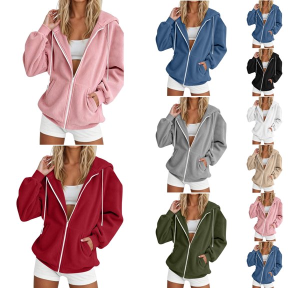 Hoodie Women Full Zip Up Hoodies Knit Long Sleeve Drawstring Casual Sweatshirt Hooded Tops