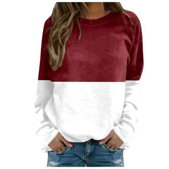 Hoodie Women Graphic Winter Fall Loose Fit Crewneck Long Sleeve Blouson One Shoulder Colorblock Patchwork Leisure Cotton Tees Sweatshirt(Brick Red,XL)
