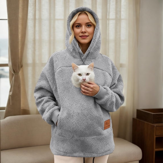 Hoodie Women Grey Ladies Furry Hoodie with Pocket Zip Front Pet Carrier Jacket Sweatshirt for Women L