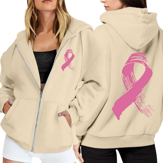 Hoodie Women Longline Ribbed Hoodie Minimalist Style Women's Zip Up Hoodie With Pockets Cancer Awareness Pullover Long Sleeve Drawstring Casual Athletic Sweatshirt