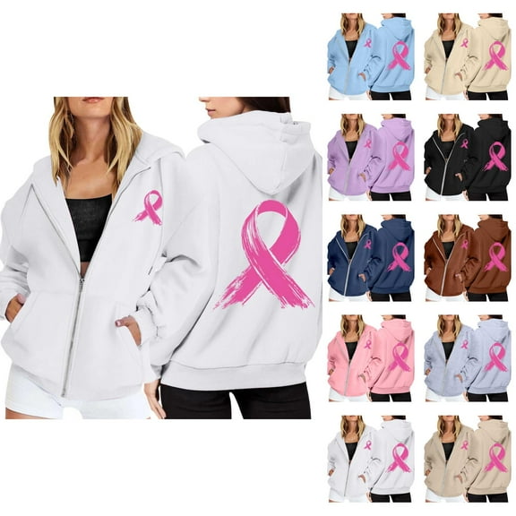 Hoodie Women Oversized Cropped Casual Sweatshirt Lightweight Zip Up Women's Pullover Cancer Awareness Month Long Sleeve Pocket Drawstring For Everyday Wear