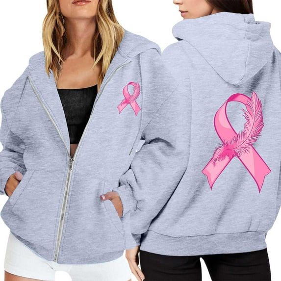 Hoodie Women Oversized Longline Casual Streetwear Women's Zip Up Hoodie Pullover Cancer Awareness Month Long Sleeve Pocket Drawstring Casual Sweatshirt For Everyday Wear
