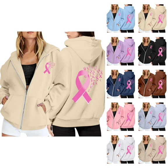 Hoodie Women Oversized Womens Sweatshirt Cropped Zip Up Casual Wear Women's Pullover Cancer Awareness Month Long Sleeve Pocket Drawstring For Everyday