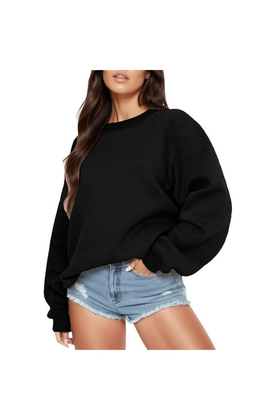 Hoodie Women Plus Size Fall Winter Loose Fit Crew Neck Long Sleeve Bubble One Shoulder Zipperless Plain Raglan Ribbed Knit Top Pullovers(Black,L)