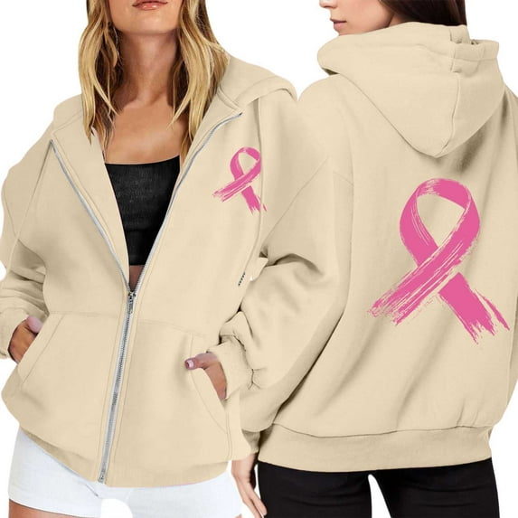 Hoodie Women Seamless Hoodie Quarter Zip Pullover Gym Fit Women's Zip Up Hoodie Pullover Cancer Awareness Month Long Sleeve Pocket Drawstring Casual Sweatshirt For Everyday Wear