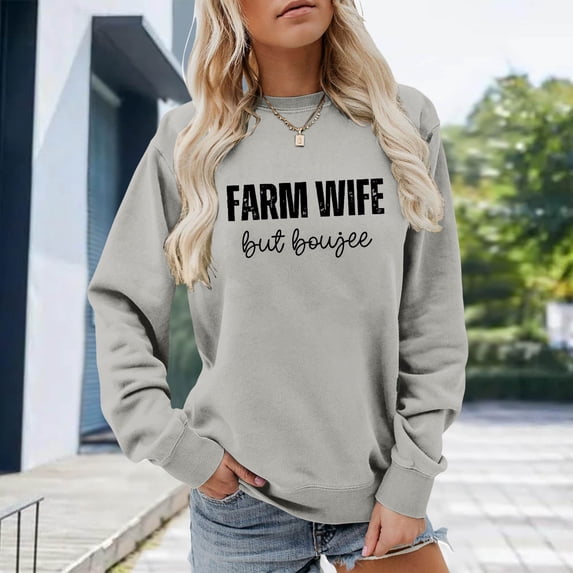Hoodie Women Smooth Stretch Print Long Sleeve Crew Neck Loose Pullover Sweatshirt Womens Sweatshirts Grey L