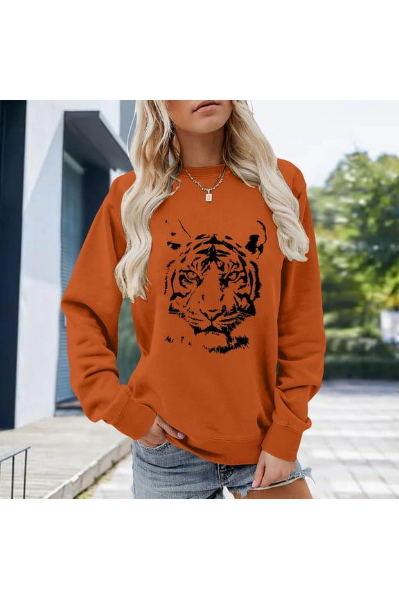 Hoodie Women Soft Cozy Tiger Print Long Sleeve Crew Neck Loose Pullover Sweatshirt Womens Sweatshirts Orange XXL