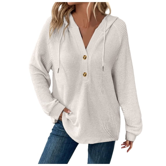 Hoodie Women Trendy Solid Color Hooded Button Loose Long Sleeved V Neck Sweatshirts Fall Tops,White,2XL