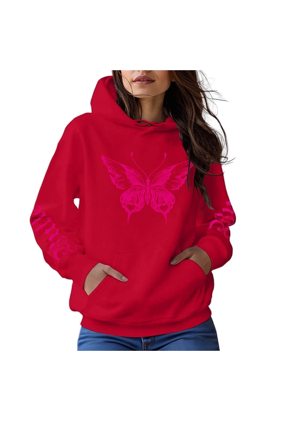 Hoodie for Women - Women's Casual Patterned Round Neck Hooded Sweatshirt Everyday Wear Basic Pullover for Fall Winter Seasons Comfortable Soft Fabric,Red