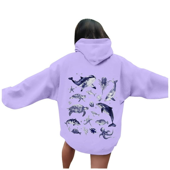 Hoodie for Women - Women's Fashion Hooded Sweatshirt Featuring Ocean World Print Design Comfortable Pullover with Front Pocket Ideal for Casual Daily Wear,Purple