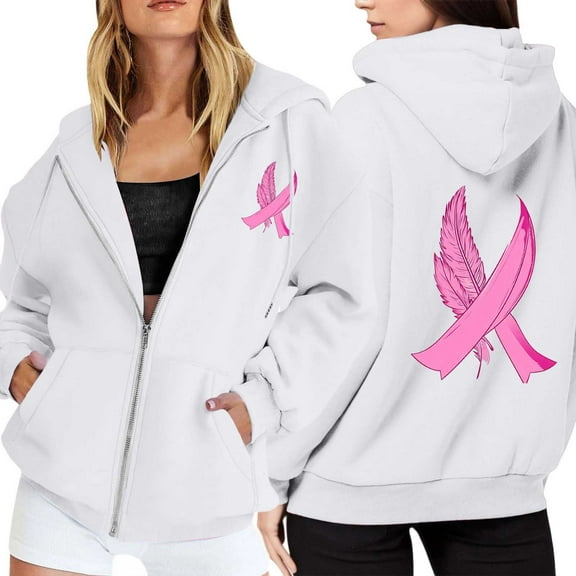 Hoodie Women Y2K Cropped Zip Up Hoodie Festival Women's Zip Up Hoodie Pullover Cancer Awareness Month Long Sleeve Pocket Drawstring Casual Sweatshirt For Everyday Wear
