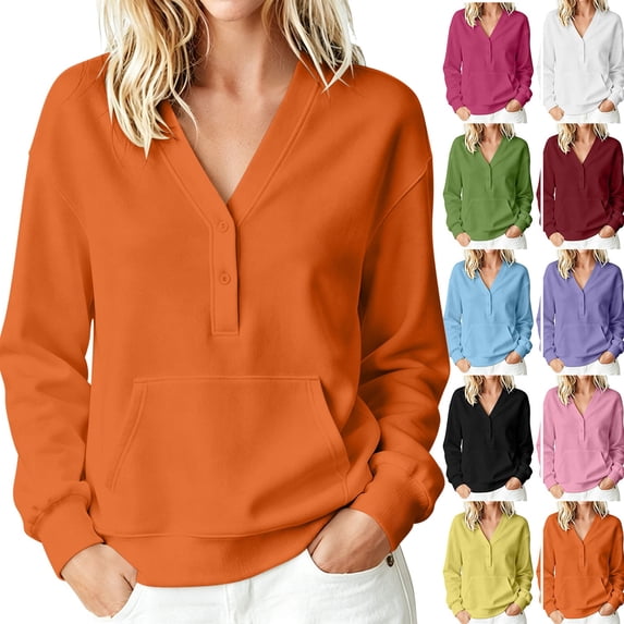 Hoodie Womens Dqueduo Women's Casual No-Hood Button-Down V-Neck Pocket Long-Sleeve Sweatshirt Orange XXL