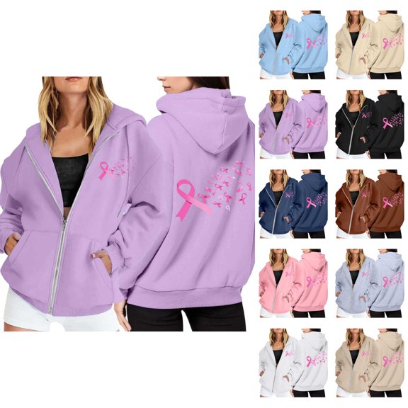 Hoodie Womens Oversized Sweatshirt Casual Lightweight Zip Up Outfit Women's Pullover Cancer Awareness Month Long Sleeve Pocket Drawstring For Everyday Wear
