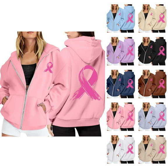 Hoodie Womens Sweatshirt Oversized Lightweight Zip Up Women Casual Women's Pullover Cancer Awareness Month Long Sleeve Pocket Drawstring For Everyday Wear