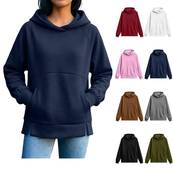 Hoodie for Womens Xaqiouau Solid Cross Neck Hooded Pullover Sweatshirt Split Hem Side Pockets Long Sleeve Basic Tops For Fall Athleisure Casual Daily Wear Navy S