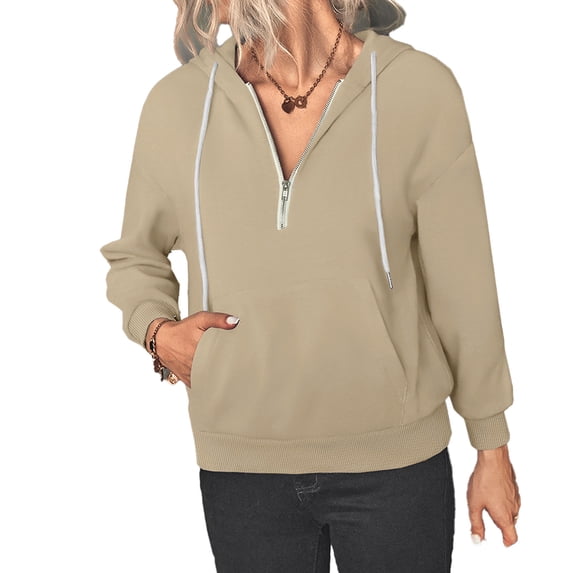 Hoodie Zipper Pocket Long Sleeve Drawstring Pure Color Fashionable Hooded Tops for Women Khaki L