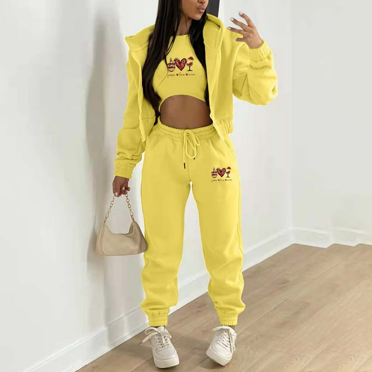 Hoodie and Sweatpants Set for Women Baggy Sporty Padded print hoodies 2024 Sweatshirt Yellow M Walmart