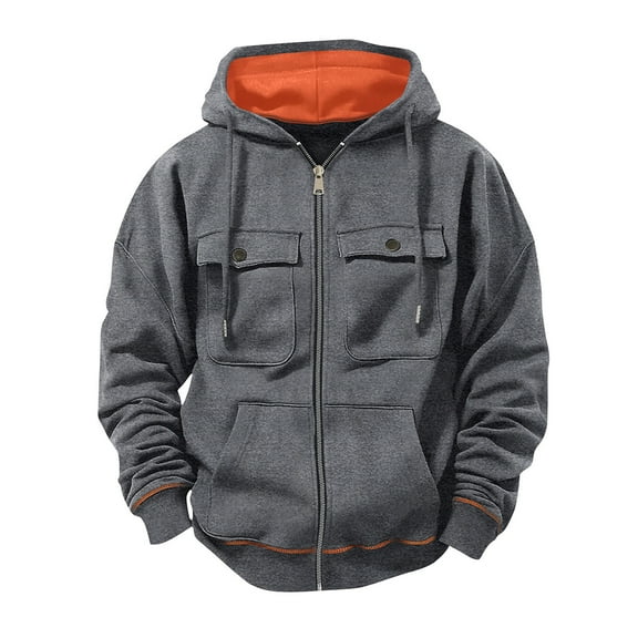 Hoodie for Men Zip Up Jackets Casual Fall Fashion Tops Solid Color Hooded Sweatshirt with Pockets, Size L