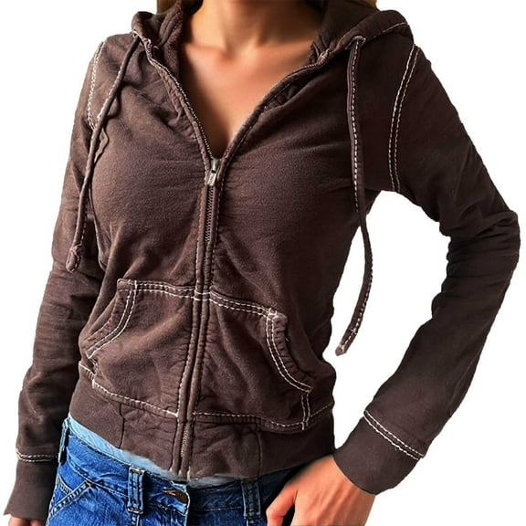 Hoodie for Women Brown Zip Up Cropped Hoodie Long Sleeve Womens Pullover Sweatshirt Trendy Hoodies for Women M