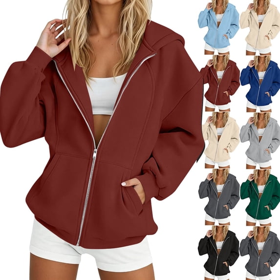 Hoodie for Women Dqueduo Women's Solid Color Thickened Fleece Zip-Up Hooded Long Sweater Jacket – Casual Winter Coat Red M