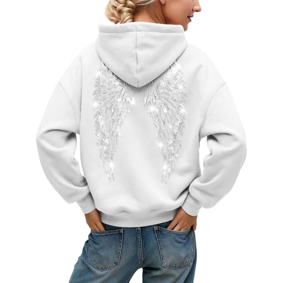 Hoodie for Women Drawstring Pullover Rhinestone Angel Wings Back Print Solid Casual Long Sleeve Hooded Sweatshirt for Daily Fall Winter Wear