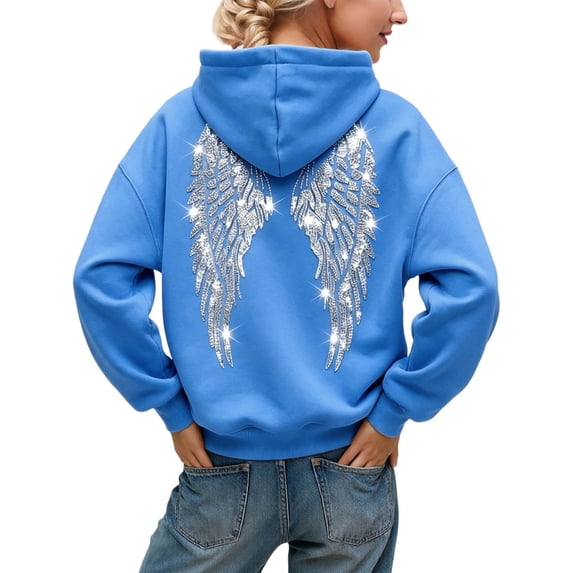 Hoodie for Women Drawstring Pullover Rhinestone Angel Wings Back Print Solid Casual Long Sleeve Hooded Sweatshirt for Daily Fall Winter Wear