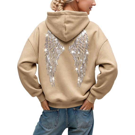 Hoodie for Women Drawstring Pullover Rhinestone Angel Wings Back Print Solid Casual Long Sleeve Hooded Sweatshirt for Daily Fall Winter Wear