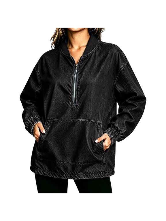 Hoodie for Women Exterior Pocket Denim Quarter Zip Hooded Sweatshirt Long Sleeve Pullover Casual Outerwear Top S