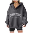 thumbnail image 1 of Hoodie for Women Fall Oversized Hooded Long Sleeve Mitten-Cuff Off the Shoulder Half Zip Graphic Leisure Cotton Top Tops(Navy,XL), 1 of 4