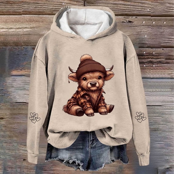 Hoodie for Women Highland Cow Graphic Pullover Hooded Sweatshirt Long Sleeve Streetwear Casual Top Fall Spring Outfits Khaki XL