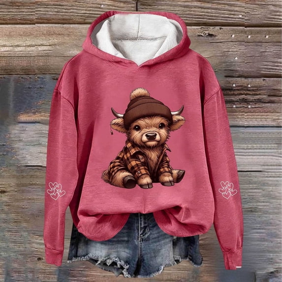 Hoodie for Women Highland Cow Graphic Pullover Hooded Sweatshirt Long Sleeve Streetwear Casual Top Fall Spring Outfits Watermelon Red M