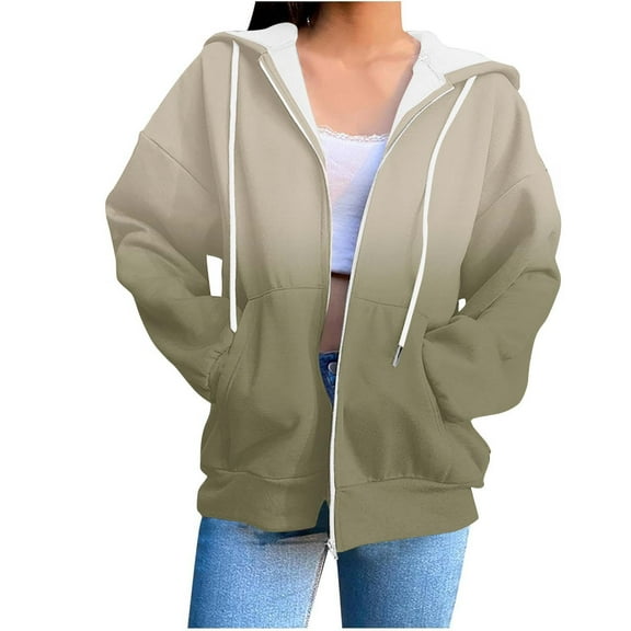 Hoodie for Women Long Sleeve Loose Fit Zip Up Fashion Sweatshirt Casual Solid Lightweight Hooded Jackets Khaki M