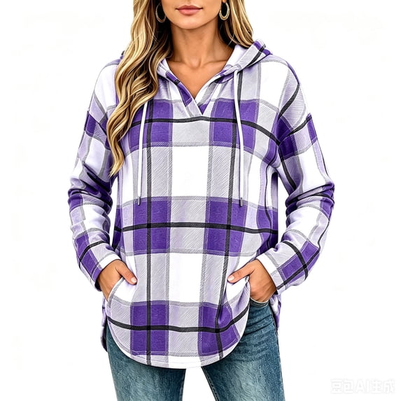 Hoodie for Women Long Sleeve Plaid Fall Winter Casual Sweatshirt Mid Length Drawstring Detail Relaxed Fit Stylish Everyday Sweatshirts