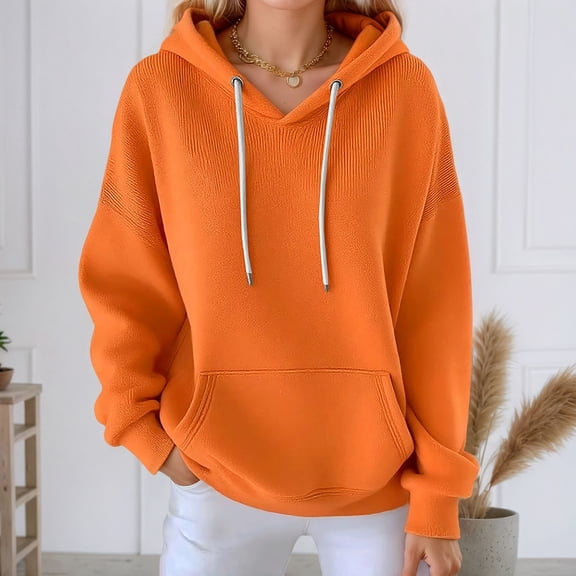 Hoodie for Women Orange Ribbed Hoodie Women Long Sleeve Tops Womens Pullover Womens Fall Hoodies L