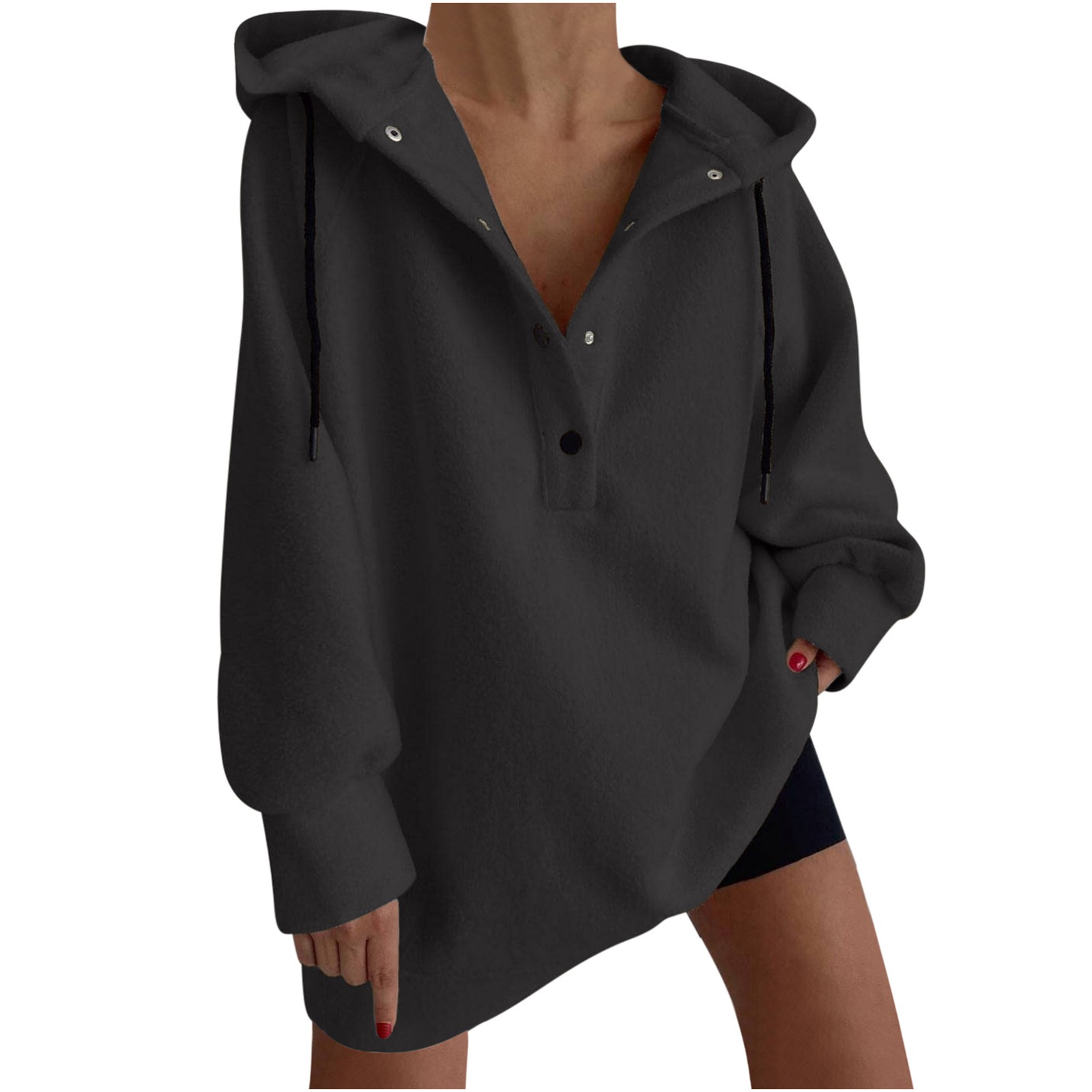 Hoodie for Women Oversized Fit Plain Pullover Half Button up Drawstring Hooded Baggy Loose Sweatshirts Long Tops Large Gray