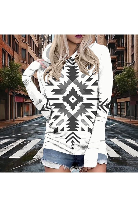 Hoodie for Women Southwestern Aztec Pattern Print Long Sleeve Pullover Hooded Sweatshirt Relaxed Fit Bohemian Style Casual Graphic Clothes Top