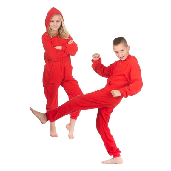 Hoodie Jumpsuit Pajamas for Boys and Girls, Red Fleece, Unisex, Kangaroo Pockets, Sizes 12