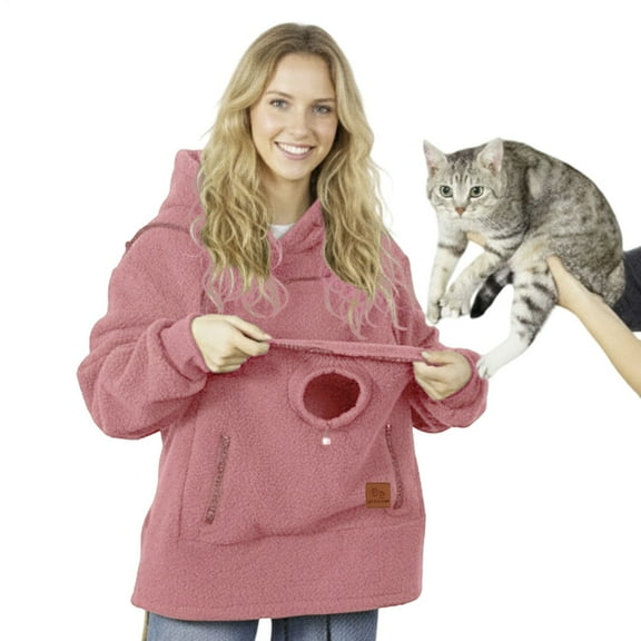 Hoodie with Pet Pouch Long Sleeve Ladies Winter Oversized Cat Pocket Hoodie Pullover for Outdoor Walking