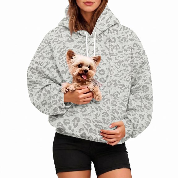 Hoodie with Pet Pouch Oversized Leopard Long Sleeve Pullover Sweatshirt for Small Dogs Cats Fall Winter Casual Wear Christmas Gift