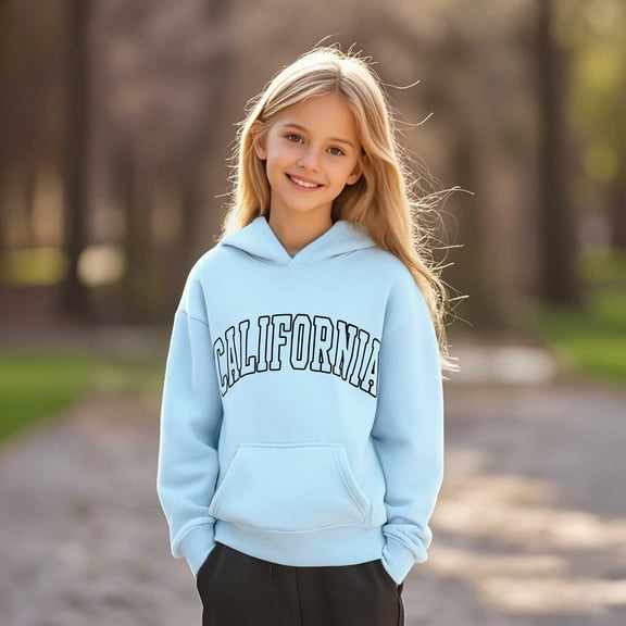 Hoodies Boys Kids City Name Letter Print Sky Blue Hooded Long Sleeve Pullover Hoodie Sweatshirt Warm Fall Winter Clothes Toddler Girl Clothes 7-8 Years