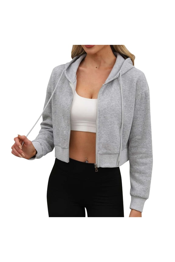 Hoodies Cropped for Women Long Sleeve Zip Up Hooded Sweatshirt Short Casual Loose Solid Color Jacket with Hood (Gray L)