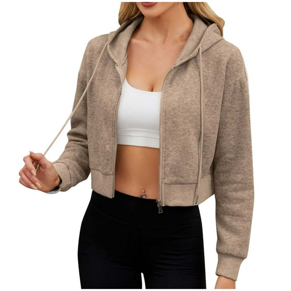 Hoodies Cropped for Women Long Sleeve Zip Up Hooded Sweatshirt Short Casual Loose Solid Color Jacket with Hood (Khaki L)