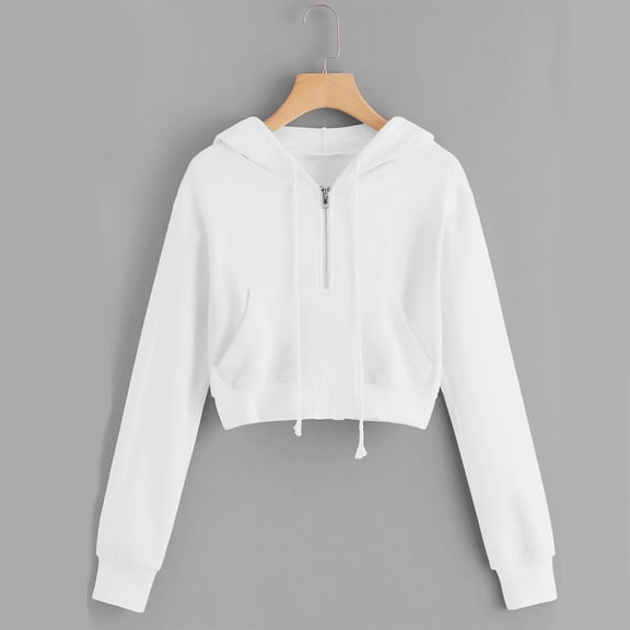Hoodies Cropped for Women Long Sleeve Zip Up Hooded Sweatshirt Short Casual Loose Solid Color Jacket with Hood (White M)